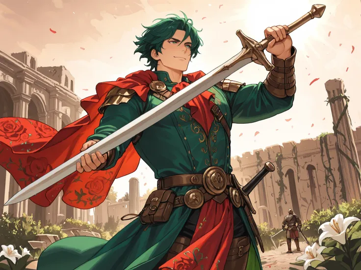 (Masterpiece, best quality, detailed anime illustration), cinematic, dynamic pose, Renaissance Italy setting. Fiore dei Liberi, the Flower of Battle. A robust, muscular man in his 50s with a fierce but joyful expression. He holds a massive longsword effort...