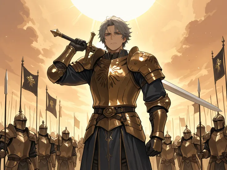 (Masterpiece, best quality, detailed anime illustration), cinematic, epic, historical. William Marshal, The Tournament King. A powerful, broad-shouldered knight in his 50s with a strong, weathered, and honest face. Short-cropped grey hair, calm, determined...