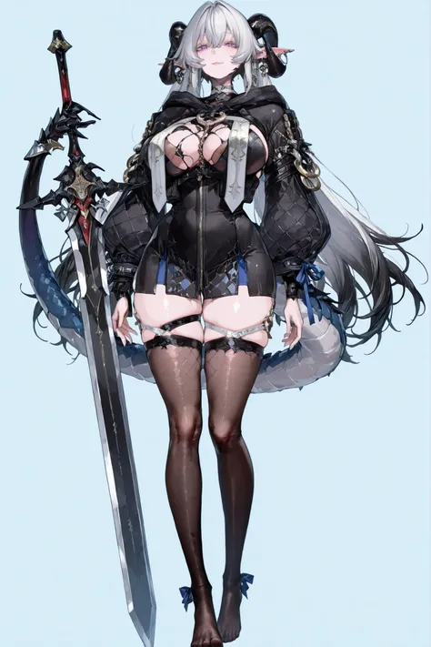 8k wallpaper、 top quality 、masterpiece, 748cm スThailandル 、sexy black bralette dress with fishnet top beneath, woman 1 person、ribbon、piercings and earrings on her ears, pointy elf ears, black ripped pelvic curtain dress、 cute black oversized coa...