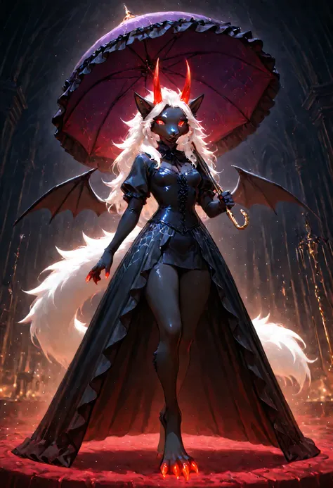 sharrax, ((((anthro)))), ((female)), straight glowing horns,red glowing claws, pitch black body fur, luminous white mane, luminous white-black tail,abstract painting, jet black background , 8K resolution, High detail, masterpiece, 8k, Highest Quality, deta...