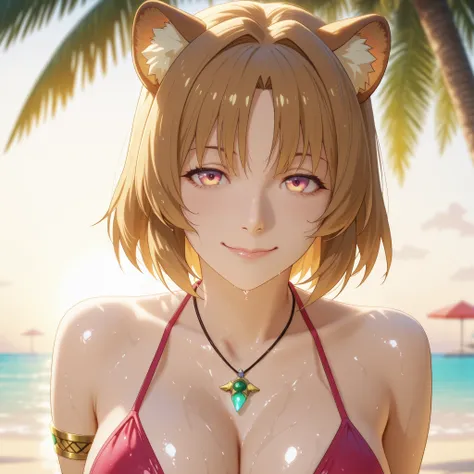 Villainous Raphtalia from The Rising of the Shield Hero, depicted as a mature, confident warrior with short damp hair, glowing yellow eyes, and a teasing, arrogant smile. She wears a pink-and-red bikini inspired by the Brazilian flag, accessorized with ele...