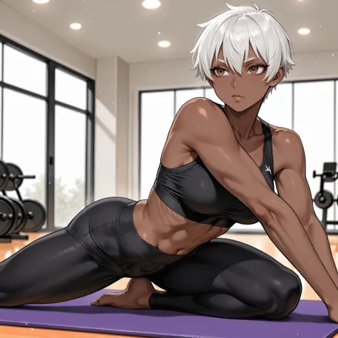a solo, in their 20s, tomboy with dark skin, white hair and brown eyes. she is wearing a black sports bra, black leggings. she is doing the Jack-O pose while on a yoga mat in a gym. portrait.
