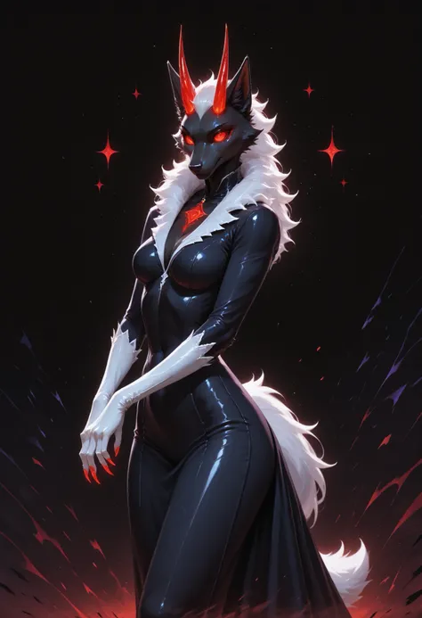 sharrax, ((((anthro)))), ((female)), straight glowing horns,red glowing claws, pitch black body fur, luminous white mane, luminous white-black tail,abstract painting, jet black background , 8K resolution, High detail, masterpiece, 8k, Highest Quality, deta...