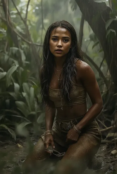 (black skin,african)  Lara Croft Naked is kneeling ,scary and shackled,джунгли,грязь,сыро,крупный план,ранение,дождь,туман,капли дождя,боль,страх в ееглазах (африканка-ларакрофт)