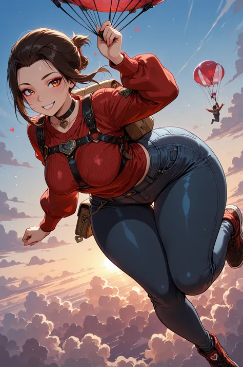  Azula , amber eyes . wavy dark brown hair strands above her shoulders. short hair. small saggy breasts. huge hips. choker. |  masterpiece, best quality, highres, absurdres, best quality, 1girl, . parachutesky, sky, (clouds:1.1), smile, suspended, harness,...