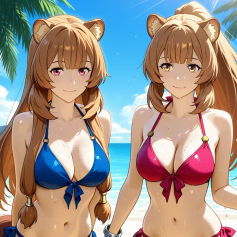 Two versions of Raphtalia from The Rising of the Shield Hero stand side by side on a tropical Brazilian beach.
On the left: the original Raphtalia, kind and heroic, with long orange-brown hair, gentle red eyes, and a warm, confident smile. She wears a blu...