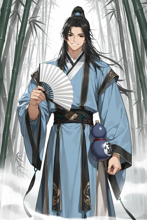 (very detailed:1.2, Masterpiece:1.2, PREMIUM QUALITY:1.2, high resolution on the coast:1.2), 1boy, oriental clothes, black clothes, blue clothes, long sleeves, wide sleeves, sleeves over hand, male focus, blue gourd, standing, black hair, black eyes, smile...