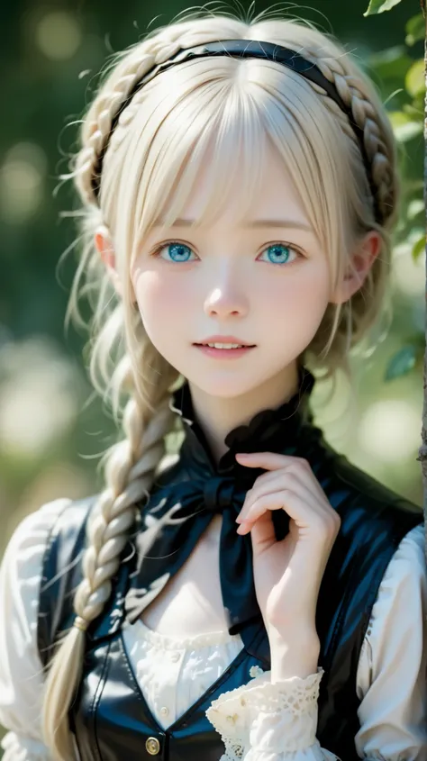   Highest Quality 、masterpiece、 original pictures、  film grain 、８ｋ、    ultra fine  、(((cowboy shot:1.7)))、  Face direction {X} She's a very cute girl 、Albino Girl、light blue eyes、with highly detailed eyes and faces、 gray hair:1.37、 French Braids :1.48、 Blu...