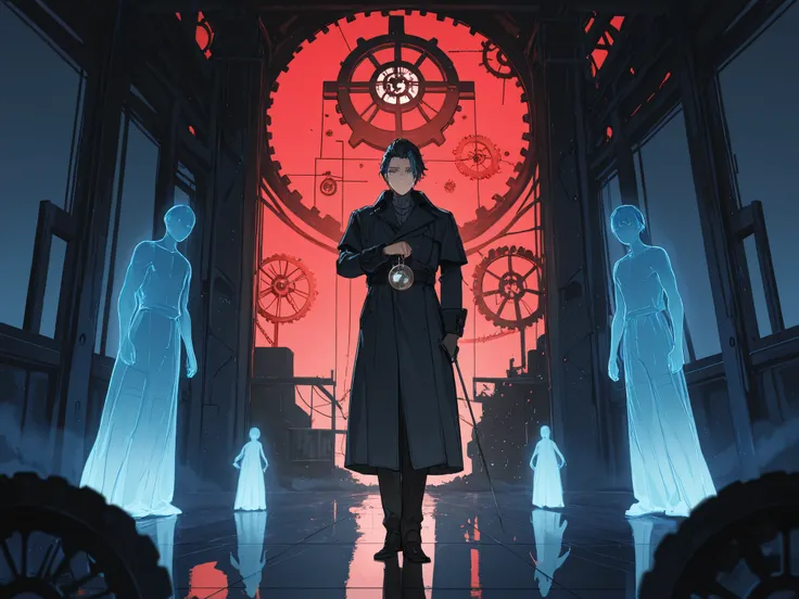 (Masterpiece, best quality, detailed anime illustration, key visual), cinematic, atmospheric, 17th century Italy. A man in his late 30s or early 40s with a sharp, lean, and intelligent face. His eyes are cold, calculating blue, with a faint glowing digital...