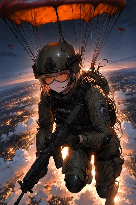 最high quality、high quality, masterpiece, 、anime style、action shot, Special Forces, night operation, parachuteで戦場へ, Tactical Gear,,motion blur、parachuteドロップ, One Woman (Military, Goggles, bulletproof vest, Assault Rifle, helmet, parachute, serious express...