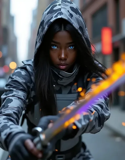 realistic photo,hyperrealism,hyperdetail, close up,amazing quality: in the center of the frame is a futuristic ninja girl(shinobi ), (black ,African ninja girl,futurisme,)Dynamic scene, in her hands a katana sword with a plasma blade,sword swing ,dynamics,...
