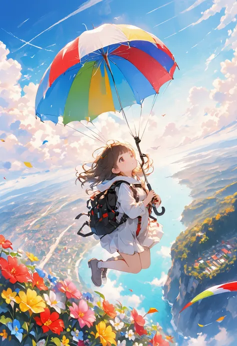 Parachute Day、Vast sky and colorful umbrella flowers、suspenseful moment between free fall and graceful landing