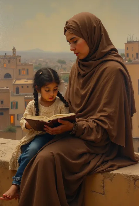 created a painting with oil painting with huge details , In the style of the artist Leonardo Davinci , The art of the era of European Renaissance ,  A fully detailed painting of a beautiful Arab woman wearing a brown Iranian hijab and sitting with her litt...