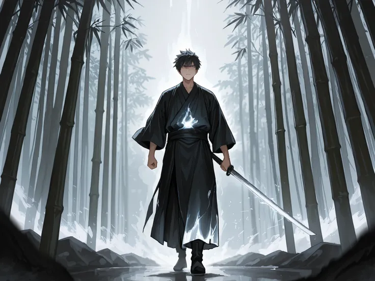 (Masterpiece, best quality, detailed anime illustration), cinematic, atmospheric. Yagyu Jubei Mitsuyoshi, the Unseen Blade. Full body portrait of a tall, lean man in a dark kimono, holding a wakizashi sword clearly in his hand. His form is surrounded by in...