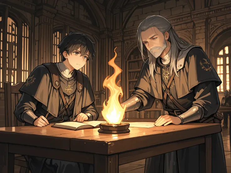 (Masterpiece, best quality, detailed anime illustration), cinematic, atmospheric, medieval setting. A man in his 50s or 60s with a sharp, intelligent face, a long grey beard, and deep, knowing eyes. He has the aura of a seasoned master, not a young warrior...