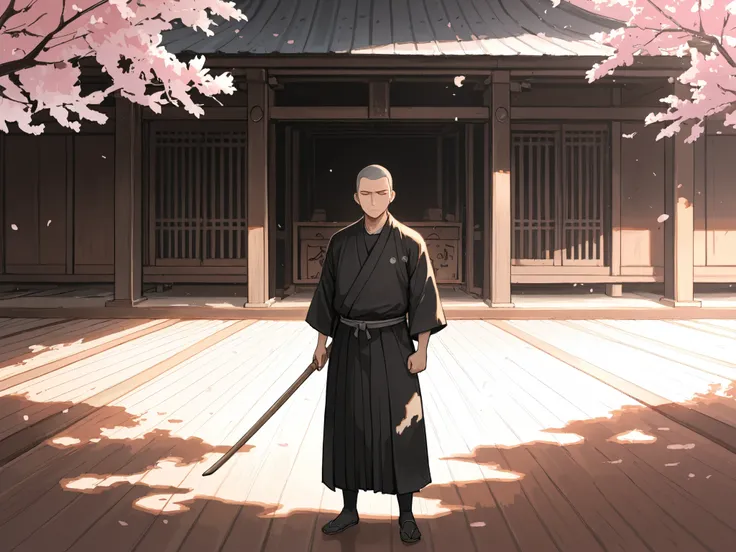 (Masterpiece, best quality, detailed anime illustration), cinematic, profoundly serene, spiritual. Yamaoka Tesshu, the Sword of Nothingness. A stern, dignified man in his 50s with a shaved head, standing perfectly still and facing the viewer. His eyes are ...
