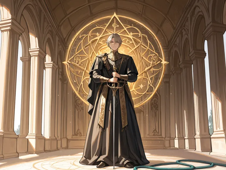 (Masterpiece, best quality, detailed anime illustration), cinematic, atmospheric, Renaissance Italy. Achille Marozzo, the Master of Defense. A dignified man in his 40s-50s with a proud, sharp face and an expression of calm authority, greying hair at the te...