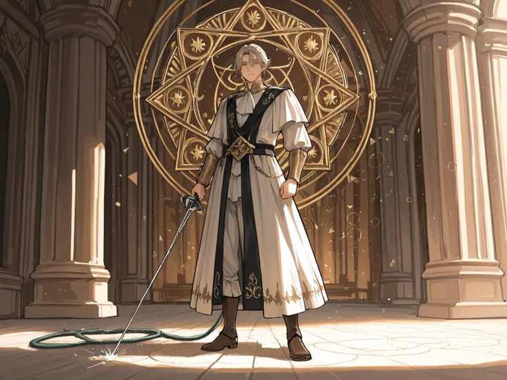 (Masterpiece, best quality, detailed anime illustration), cinematic, atmospheric, Renaissance Italy. Achille Marozzo, the Master of Defense. A dignified man in his 40s-50s with a proud, sharp face and an expression of calm authority, greying hair at the te...