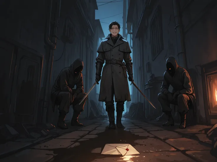 (Masterpiece, best quality, detailed anime illustration), cinematic, atmospheric, gritty, 17th century France. Jacques le Grand, the King of the Pavement. A man in his 30s-40s with a handsome but utterly cynical face. A mocking, dangerous smirk plays on hi...