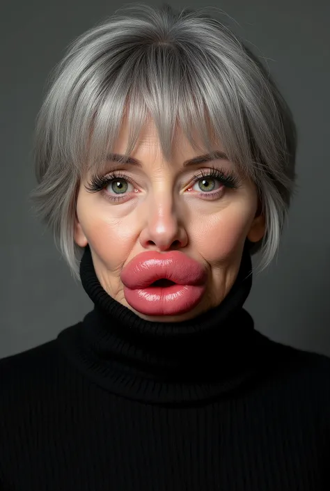 Ultra-realistic front view portrait of a super posh and snobby looking ugly mature woman in her 60s with very short grey hair with bangs. She has a puffy face and long eyelashes. Her facial features are huge fake round bimbo lips, glossy and overfilled, an...