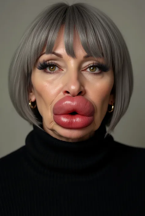 Ultra-realistic front view portrait of a super posh and snobby looking ugly mature woman in her 60s with very short grey hair with bangs. She has a puffy face and long eyelashes. Her facial features are huge fake round and wide bimbo lips, glossy and overf...