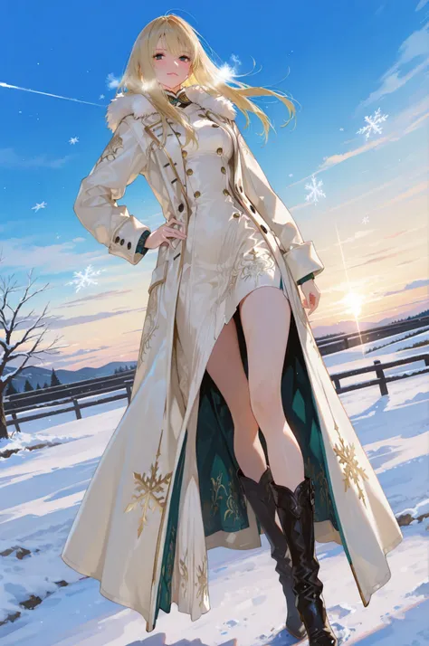 (masterpiece:1.5, ultra-detailed, in the style of Oh! Great, semi-realistic anatomy, sharp and bold line art, blonde-haired girl with long hair fluttering, wearing nordic-inspired long coat dress with fur collar and detailed embroidery, high boots, standin...