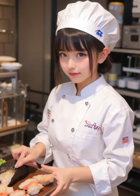 cuteloli,((最High Quality、masterpiece、high sensitivity、high definition、detailed explanation、Delicate Depiction、Fvalue:4.0)),((Slender and Cute Japanese Woman、16 years old)),(Sushi chef、Chef、White Work Clothes, Jinpei、Japanese hat)、There is more sushi on the...