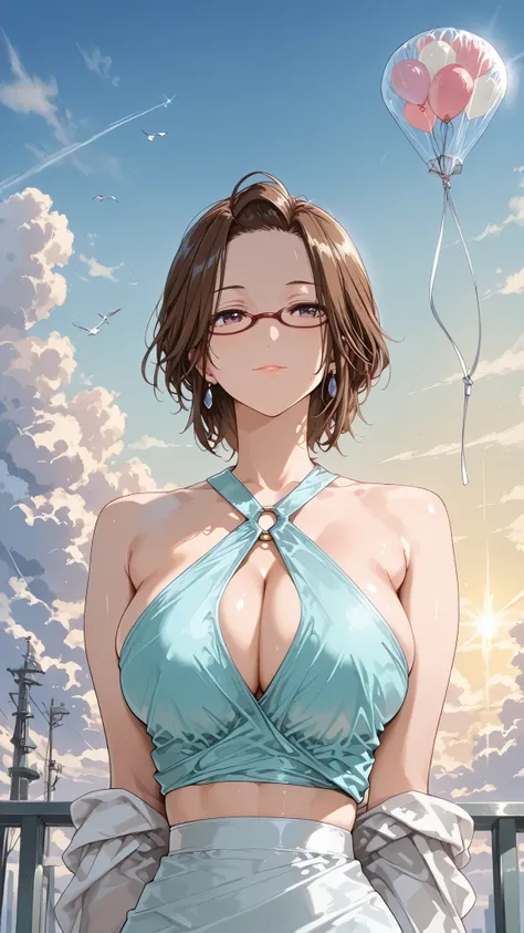 solo, tomoe (accelerando), purple eyes, brown hair, short hair, glasses, mature woman, Tight waist、Small waist、shiny Skin , (upper body), sexy, (adult woman, 25+), score_9, score_8_up, score_7_up, source_anime,(extremely detailed CG), (best quality), Surr...