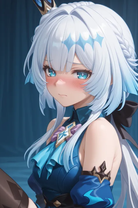 1girl, cerydra, blue eyes, bangs, light blue hair, braid, white hair, gradient hair,hair bow, hair ornament, long hair, multicolored hair, ponytail, short hair with long locks, sidelocks, small breasts, crown, mini crown, black thighhighs, blue dress, hair...