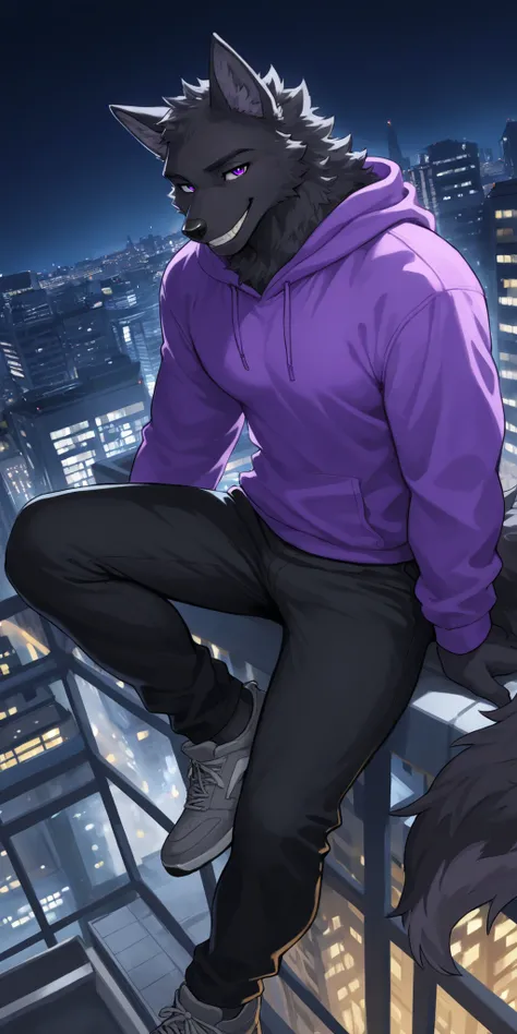 furro man with ears and tail of a wolf with dark fur and purple eyes, sitting on the edge of the roof of a building, buildings in the background with lights on, at night, Alone, smiling, He has a purple hoodie, wearing black pants and gray sneakers with pu...