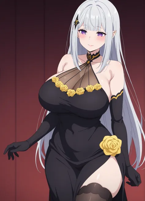 newest , masterpiece , anime screencap , anime coloring , Solo, long dress, Satella, Anime, 1girl, Mature Female, attractive face, detailed face, small face, medium head, pointy ears, hair ornament, blush, silver hair, long hair, closed mouth, light smile,...