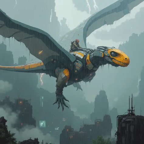 (masterpiece), (best quality), (highly detailed), (concept art style), (illustration),
A cinematic sci-fi illustration depicting a part-cybernetic Pteranodon — its wings reinforced with metallic plating and faintly glowing conduits, parts of its body fused...