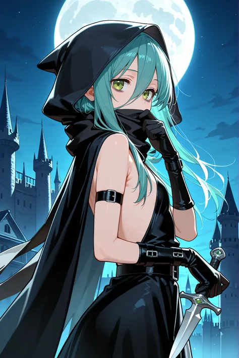 1girl, solo, character focus, close to viewer, from side, night time, (full_moon), night sky, castle, assassin, black cape, wearing a hood, black scarf, A scarf covering the mouth, Grab the scarf with one hand and cover your mouth, black leather gloves, ((...