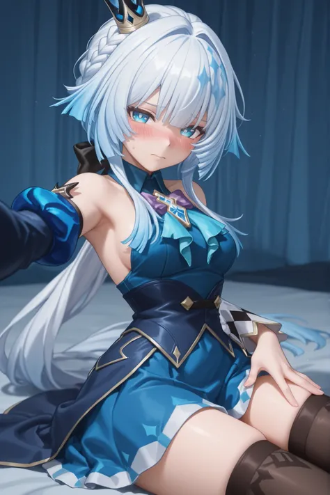 1girl, cerydra, blue eyes, bangs, light blue hair, braid, white hair, gradient hair,hair bow, hair ornament, long hair, multicolored hair, ponytail, short hair with long locks, sidelocks, small breasts, crown, mini crown, black thighhighs, blue dress, hair...