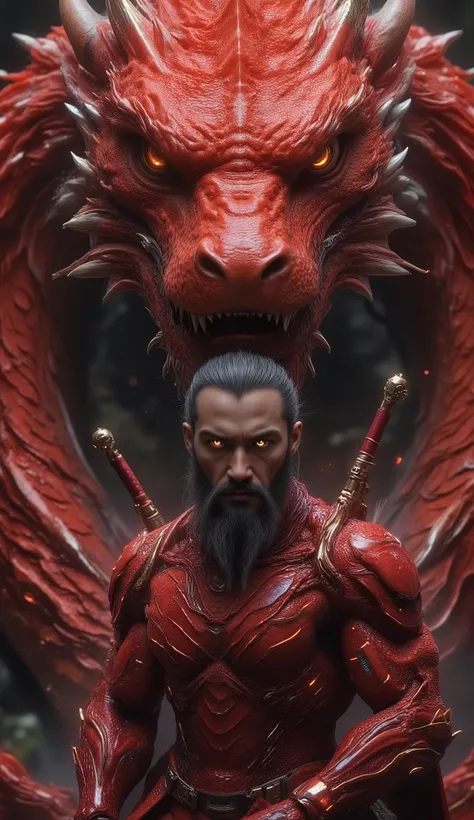 Epic cinematic fantasy scene, ultra-detailed 128K HDR. A human bearded red-armored nanotech warrior crouches beside a colossal red serpent. The warrior's suit is made of overlapping crimson scales, glowing with gold nano-circuits, matching the serpent’s ma...