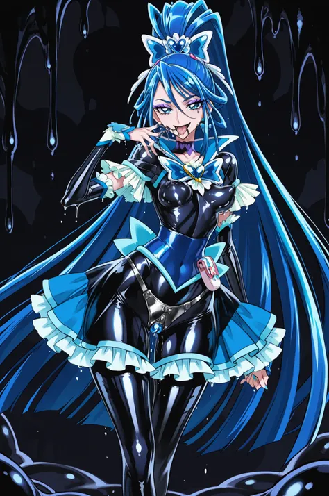 Cure Aqua. Blue hair. Villain eyeshadow. Purple eyeshadow. Sarcastic smile. Open mouth. Out tongue. Black lips. Glossy skin. Black latex costume. Latex bodysuit. Blue frills. Collar with heart crystal. Dripping chastity belt. Metal panties. Perky breasts. ...