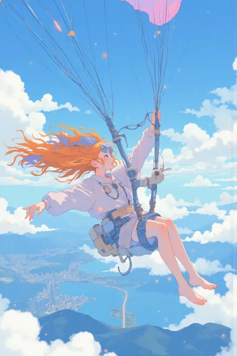 パラシュートで大空を優雅に滑空する女性,オレンジ色がかった流れるような髪の女性, 空のふわふわの雲,彼女はパラシュートのハーネスをしっかり装着している姿勢で滑空, 表情は集中しつつも清々しさや自由さを感じさせる,髪は風に揺れる自然な流れを持たせる(ややふんわり表現),服装は動きやすそうな軽装で、風になびく要素を描く,躍動感,彼女の流れるような髪は澄んだ青空との対比, パラシュートの布は透明感のある薄い色合いで、柔らかくたわむように描く,大きな水域のある都市上空,空のグラデーション, 繊細なグラデーションと柔...