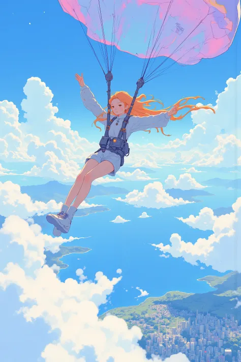 パラシュートで大空を優雅に滑空する女性,オレンジ色がかった流れるような髪の女性, 空のふわふわの雲,彼女はパラシュートのハーネスをしっかり装着している姿勢で滑空, 表情は集中しつつも清々しさや自由さを感じさせる,髪は風に揺れる自然な流れを持たせる(ややふんわり表現),服装は動きやすそうな軽装で、風になびく要素を描く,躍動感,彼女の流れるような髪は澄んだ青空との対比, パラシュートの布は透明感のある薄い色合いで、柔らかくたわむように描く,大きな水域のある都市上空,空のグラデーション, 繊細なグラデーションと柔...
