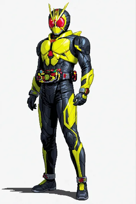 solo, white background, better saturation, standing, full body, 1990 anime style, kamen rider zero-one