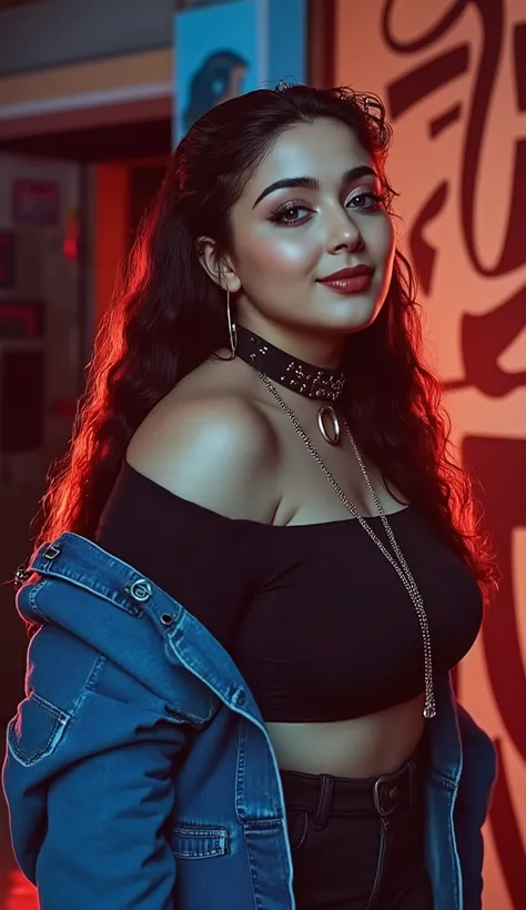extreme close up photo of ((Asin)), ((Asin)), looking at viwer standing middle of a dance bar , curvy, midriff Wearing: an unapologetic rebel in a ripped crop top hanging off one shoulder revealing sideboob, tiny denim shorts unbuttoned low, knee-high spik...