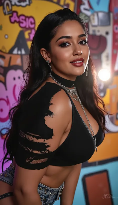 extreme close up photo of ((Asin)), ((Asin)), looking at viwer standing middle of a dance bar , curvy, midriff Wearing: an unapologetic rebel in a ripped crop top hanging off one shoulder revealing sideboob, tiny denim shorts unbuttoned low, knee-high spik...