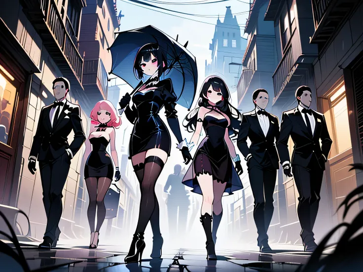 (gothic themed, black and white only) Elania Smith(American teen girl, long flowing black hair, pale complexation) wearing(long black laced dress, black gloves, black thigh-high boots, hold a black umbrella) walking down a street leading a hundred gothic s...