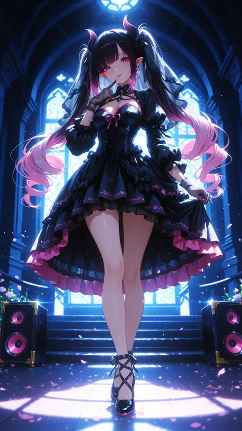 very pretty face, (Beautiful eyes), (long pink hair:1.2), (Pink and Purple Gradient Highlights:1.2), (long double diamond ponytail), Spiral Curly Hair Ponytail, ultra-fine ponytail, straight bang, Diamond Side Lock , Hair tied with a ribbon, Star Earrings,...