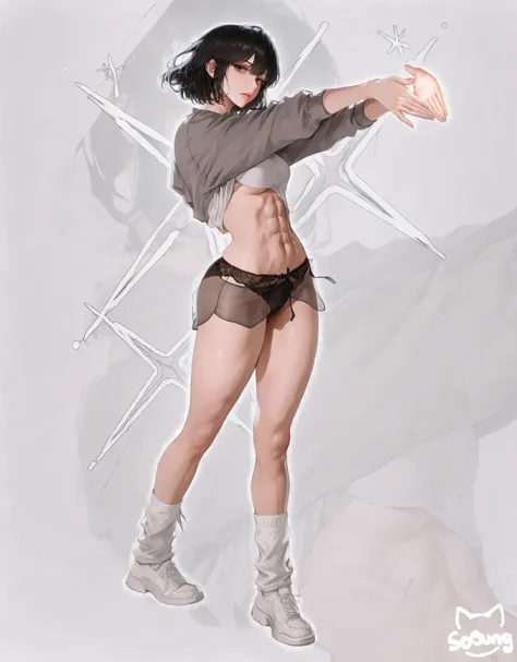 ((masterpiece)), Alone, beautiful adult woman, Han Sooyoung, office, white blouse, gray sweatshirt, bare abs, bare legs, black panties, short hair, black hair, gray eyes, sensual pose, neckline towards the front, leaning towarDs the camera, white backgroun...