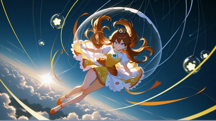 princess daisy (mario (series))) a beautiful woman descending from a clear sky with a magical parachute, the woman Who Flies Through the Sky, holding a parachute string in the other hand, radiant smile,cinematic lighting, atmosphere of freedom and exhilar...