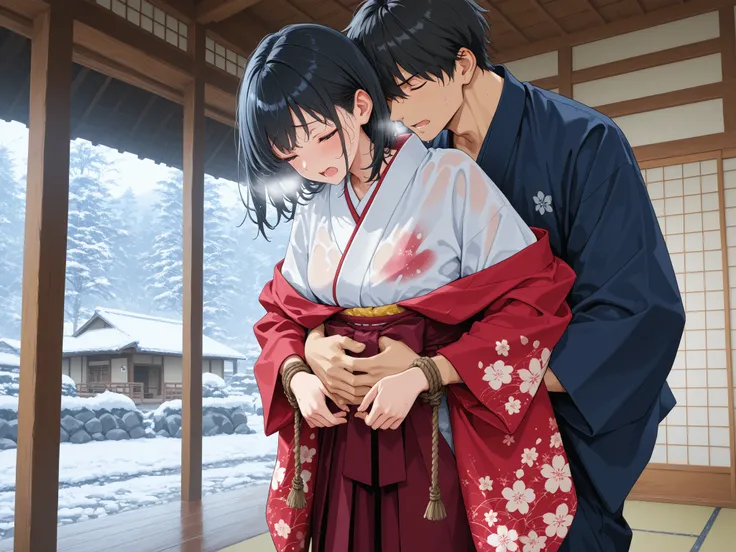 Woman in Japanese Kimono,white kimono, bound, bondage, bdsm, rope,red kimono, floral print,animal print,,kimono_cos, 1girl,japanese clothes, kimono,hakama,nsfw,ultra-aesthetic, anime style,{best quality}, {very aesthetic}, {ultra-detailed}, {best illustra...