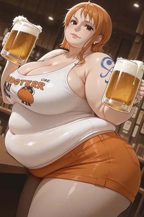 obese,fat,plump,chubby,WeightObese,highres, hi res, best quality, masterpiece,, anime coloring,
1girl, (nami \(one piece\):1.1), large breasts, thick thighs, narrow waist, HootersUniform, employee uniform, short shorts, orange shorts, tank top, white shirt...