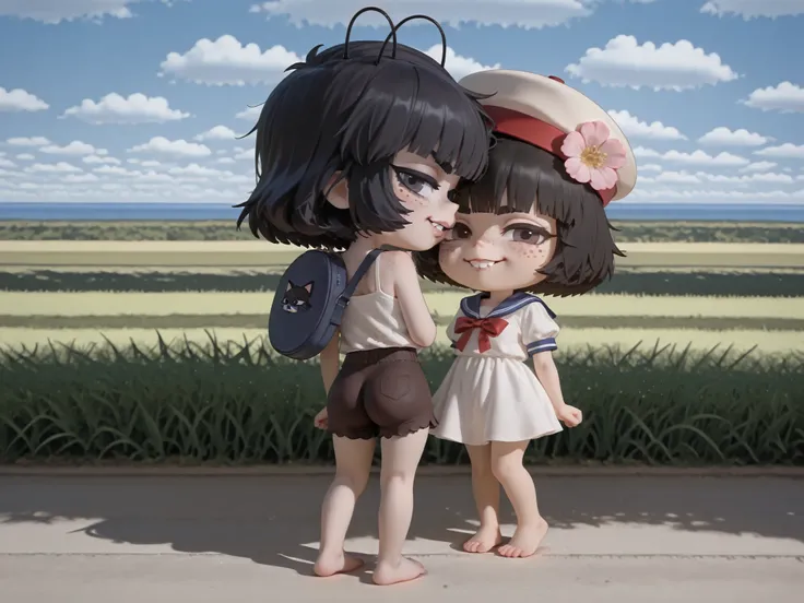 masterpiece, newest,absurdres, incredibly absurdres, 0_11Xx_B,(surreal:1.5), 1girl (freckles), ((natural color scheme unibrow, unibrow)), huge two gaped-bucktooth face), outdoors, solo, hat, sailor girl, white dress, black hair, scenery, short hair, flower...