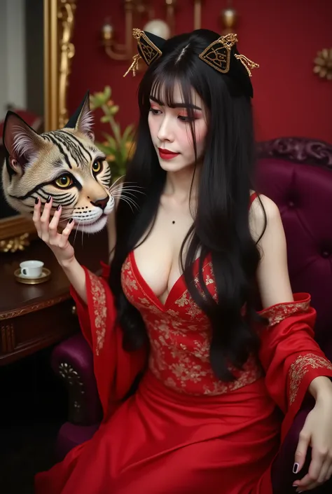 a beautiful asian woman sitting at a luxury dressing table, she is wearing a red dress with gold lace ornaments, the woman is wearing a wig-cap on her head, and in her right hand is holding a white cat-head helmet-mask Cat faCe with fur Texture skin, the c...