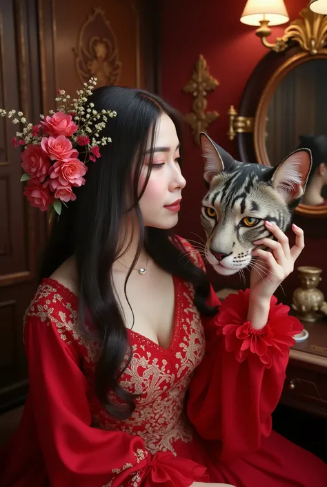 a beautiful asian woman sitting at a luxury dressing table, she is wearing a red dress with gold lace ornaments, the woman is wearing a wig-cap on her head, and in her right hand is holding a white cat-head helmet-mask Cat faCe with fur Texture skin, the c...